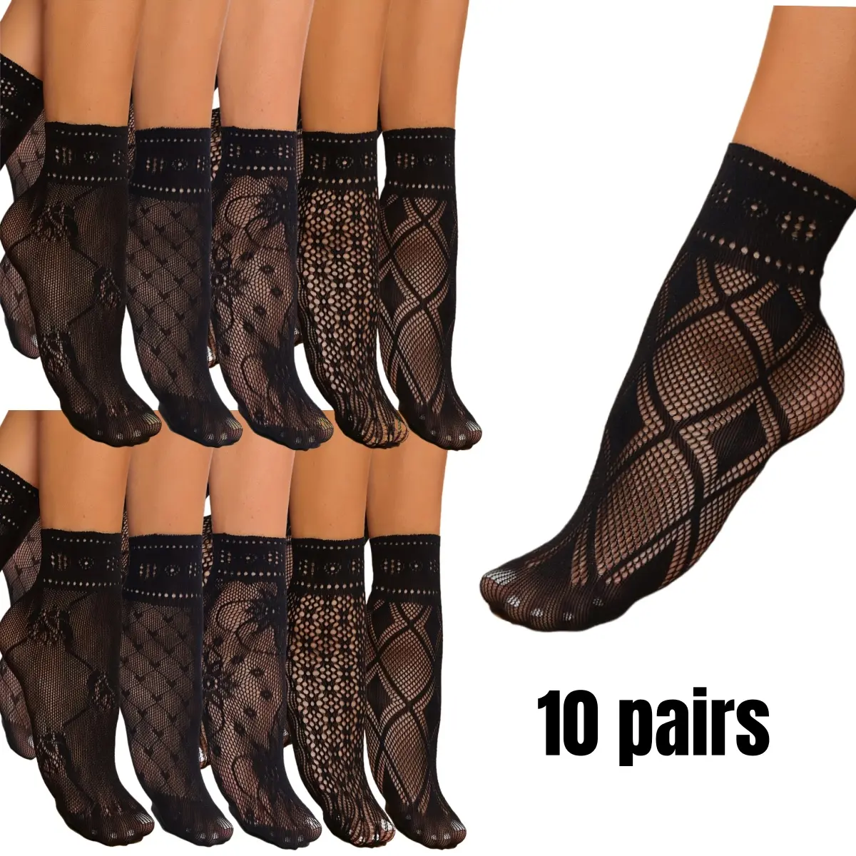 10 Pairs Women's All-Over Lace Ankle Socks with Ruffled Trim, Elegant and Comfortable Stretchy Fit for Everyday and Party Outfits, Lady, Elegant Detail, Easy To Wear From Home To Errands, Patterned Lace, Minimalist Lace Adds Soft Elegance