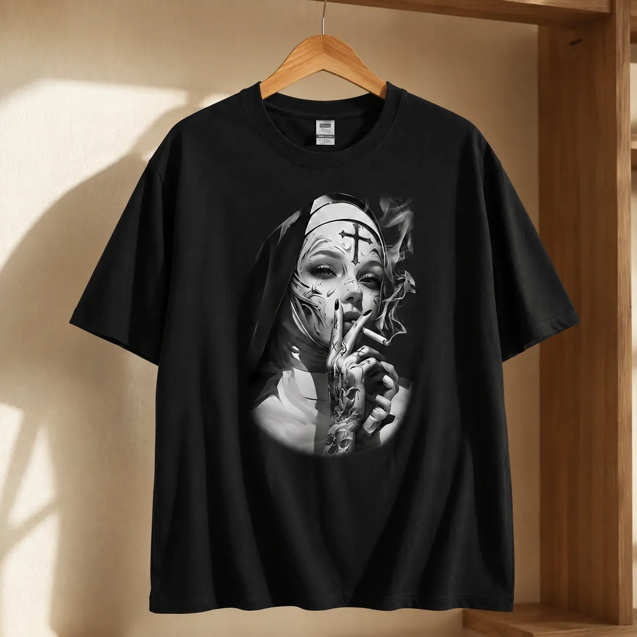 Women's Alt Goth Smoking Nun Print Pure Cotton Tee - Breathable 100% Cotton, Round Neck Short Sleeve, Edgy Relaxed Fit Casual Streetwear Top