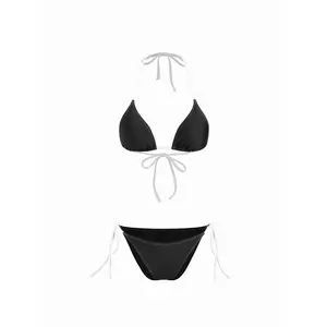 Cider V-neck Contrasting Binding Halter Tie Side Bikini Set