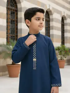 Muslim Traditional Boys Blue Thobe with Embroidered Stand Collar Dark Button Pockets for Boys Aged 8-12 Perfect for Ramadan Eid Father's Day Gift Kids Clothing