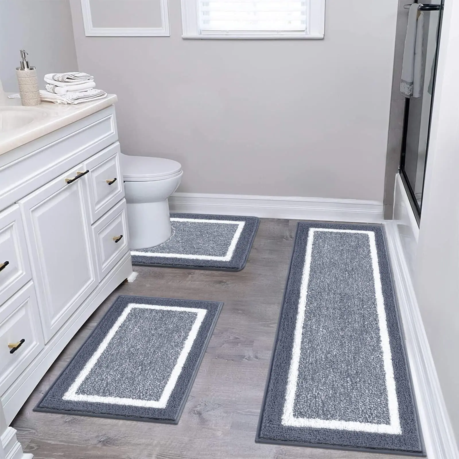 Dark Grey Bathroom Rugs Set 3 Piece Non Slip Washable, Plush Absorbent Microfiber Bath Mat Shower Rug Runner Quick Dry, Super Soft U Shaped Toilet Mats Floor Carpet
