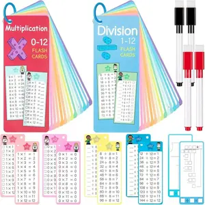 Multiplication & Division Flash Cards with 4 Dry-Erase Pens and 2 Rings, Times Table Flash Cards for Fun Math Learning and Games