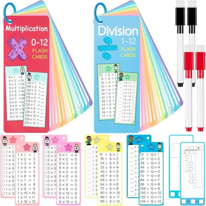 Children's Day Gift:Multiplication & Division Flash Cards with 4 Dry-Erase Pens and 2 Rings, Times Table Flash Cards for Fun Math Learning and Games Number Counting Gift Teaching Aid