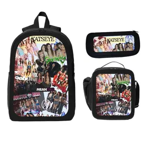 KATSEYE Retro Collage Backpack 3-Piece Set Black Y2K Style Backpack + Pencil Case + Lunch Bag Fashionable Trend-Setting Set