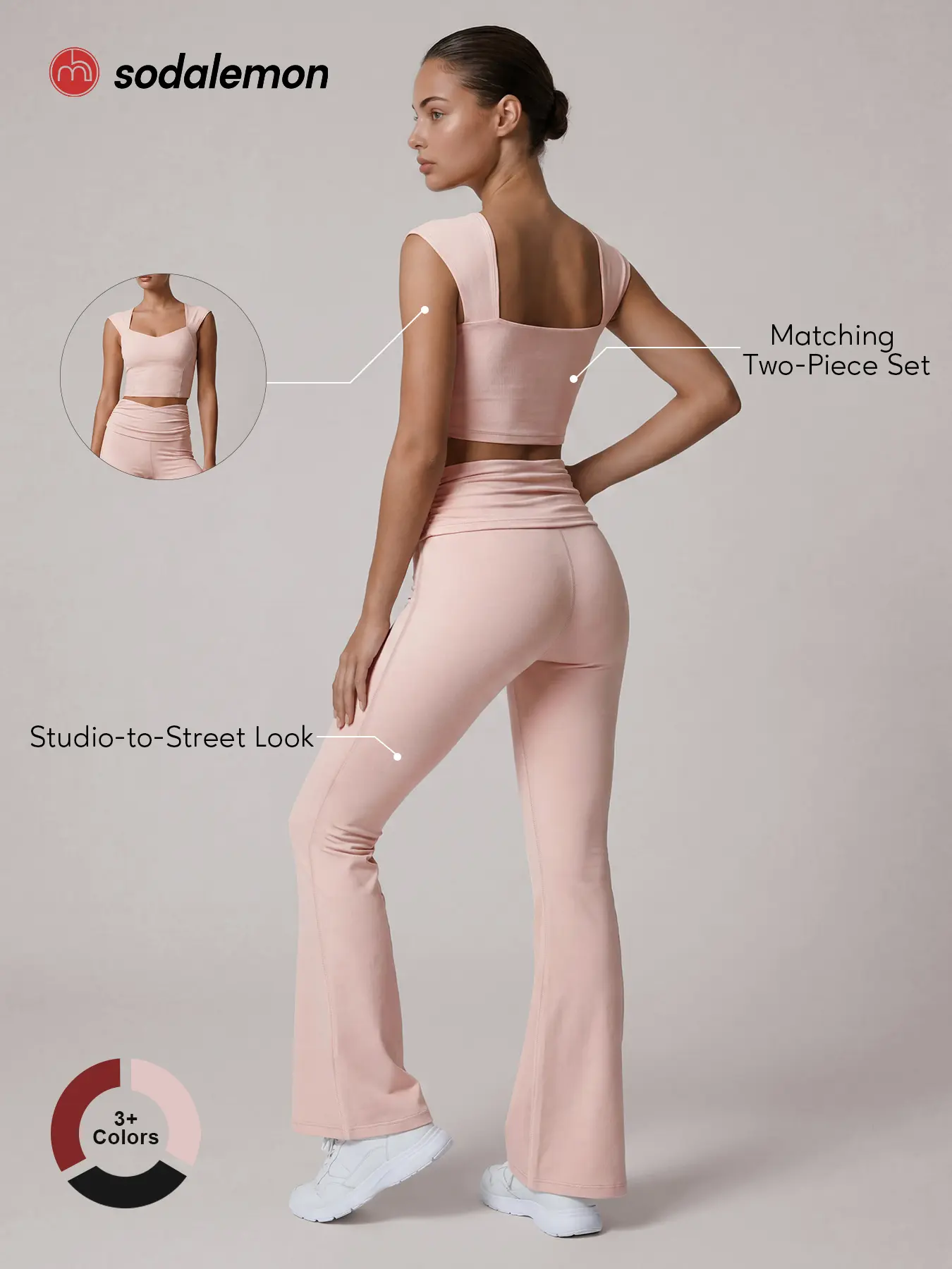 Sodalemon Women's 2-Piece Yoga Activewear Set - Sleeveless Structured Shoulder Tank Top with Sweetheart Neckline, High-Waists Ruching Flared Pants for Studio, Outdoor Pilates Workouts
