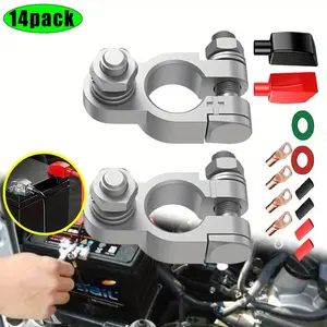 2PCS Battery Terminal Connector, Heavy Duty Cable End Connector Compatible With Car, Van, Truck Marine Boat RV etc with 4 Pcs 2 Gauge 3/8" Copper Lugs, 4 Heatshrink Tubes, 2 Protective Covers and 2 Anti Corrosion Washers