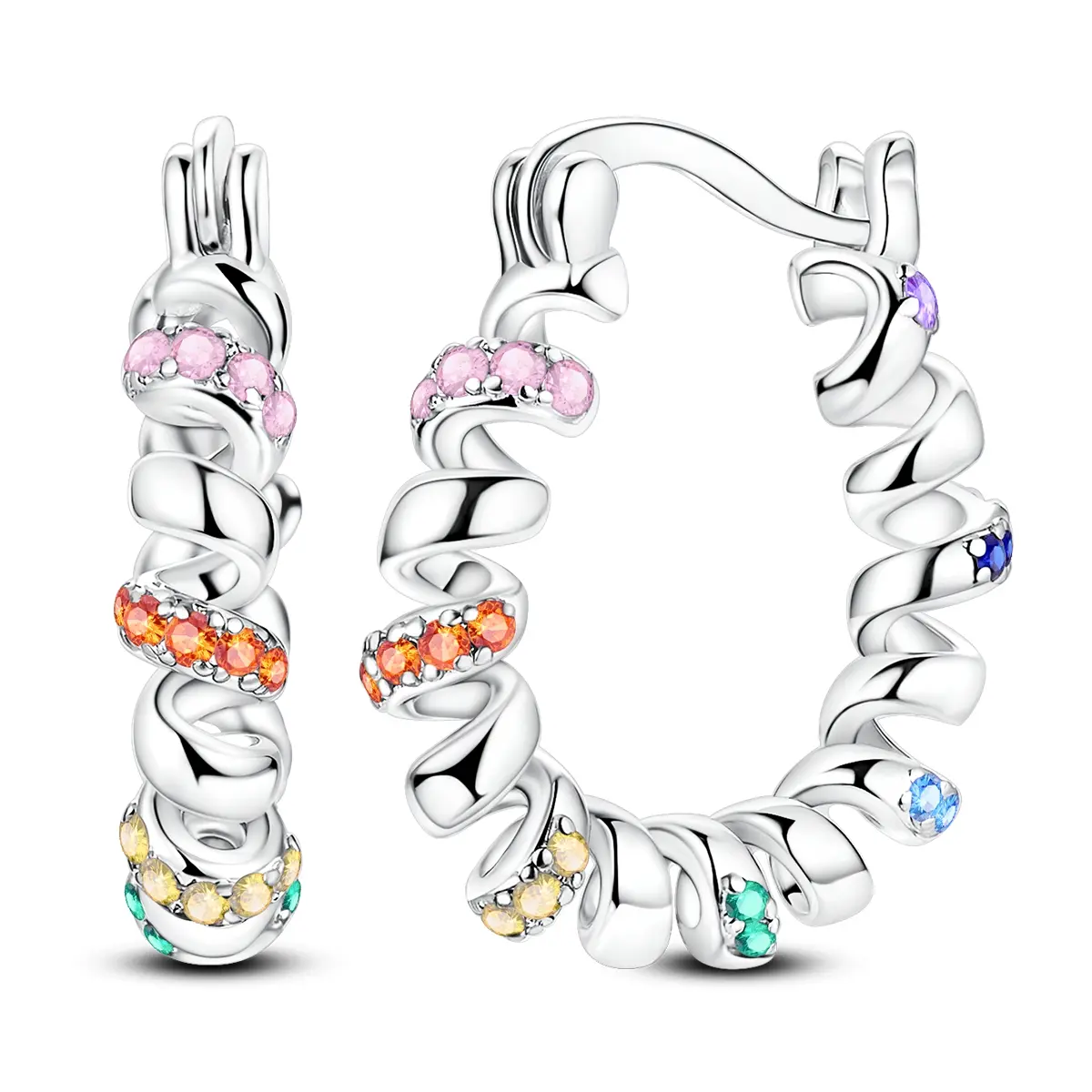MULA Twisted Spiral Hoop Earrings - High Quality Silver-Plated Earrings with Multi-Colored CZ Gemstones, Geometric Statement Women's Costume Jewelry, Colorful Gift for Birthdays, Christmas, High Quality Earrings