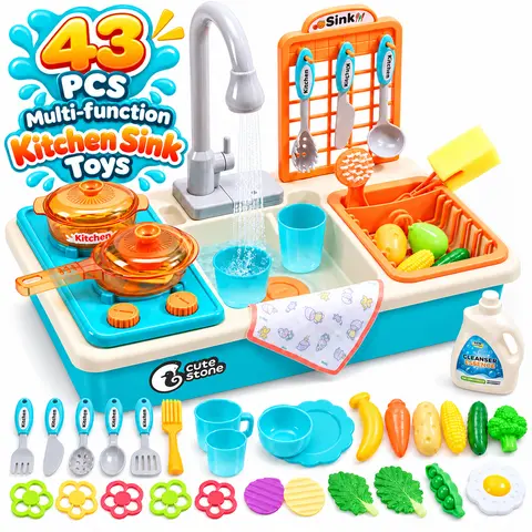 CUTE STONE Heat-Sensitive Color-Changing Play Kitchen Set, Electric Dishwasher Sink Toy with Running Water & Automatic Water Cycle System, 15.7x10.6x4.3 Inches, for 3-4 Years Old Kids, Requires Batteries, Supports Children Development