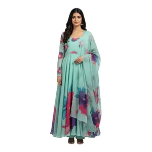 Ciffon Gown Long Dress with Pant and Dupatta Full Sleeves in Elegant Floral Print for Women length 51 inches gown  Womenswear
