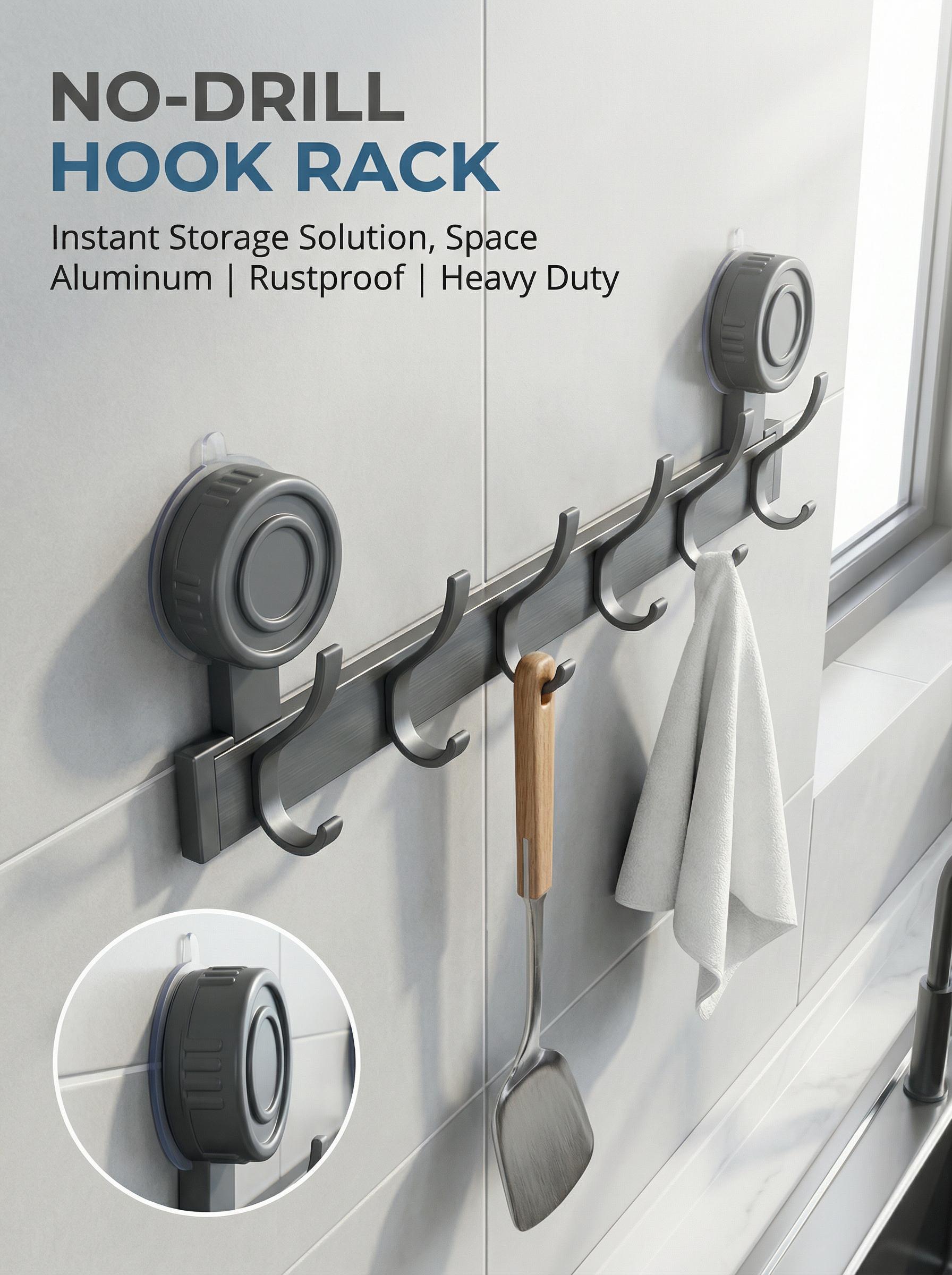 No Drill Succo Hook Rack, Heavy Duty Vacuum Suction Cup Towel Hooks for Bathroom, Wall Mounted Space Aluminum Hanger with 6 Hooks, Waterproof & Reusable, No Damage for Shower, Kitchen, RV, Renters, Hold Towels, Utensils, Robes, No Holes, Easy Install