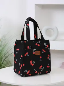 Large Capacity Insulated Cherry Pattern Durable Zipper Lunch Bag, Portable Lunch Box Storage Bag for Work, School and Travel