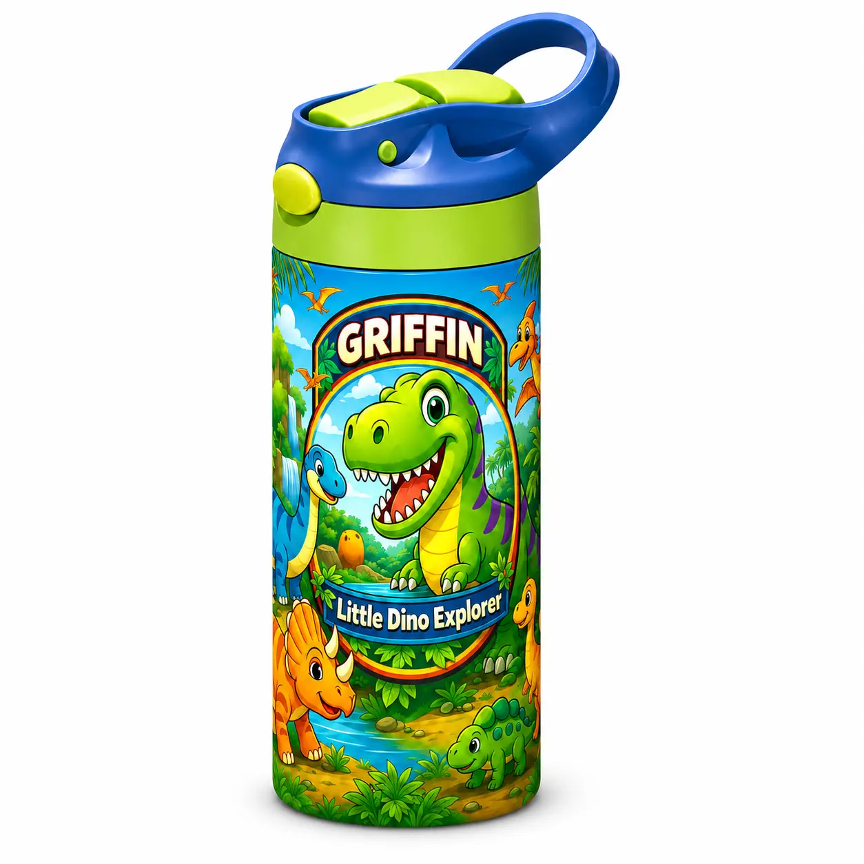 Kids Tumbler/Sippy Cup | Personalized Dinosaur Water Bottle | 12oz | Kids 2+ years | Leakproof Flip Straw | BPA-Free | Stainless Steel