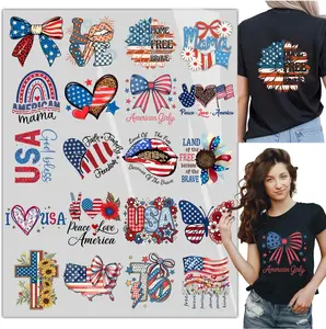 20PCS Patriotic DTF Heat Transfer Designs – American Flag Iron-On Transfers for T-Shirts, Bags, Pillows, Hoodies, 4th of July DIY Ready to Press Heat Transfers for Fabric