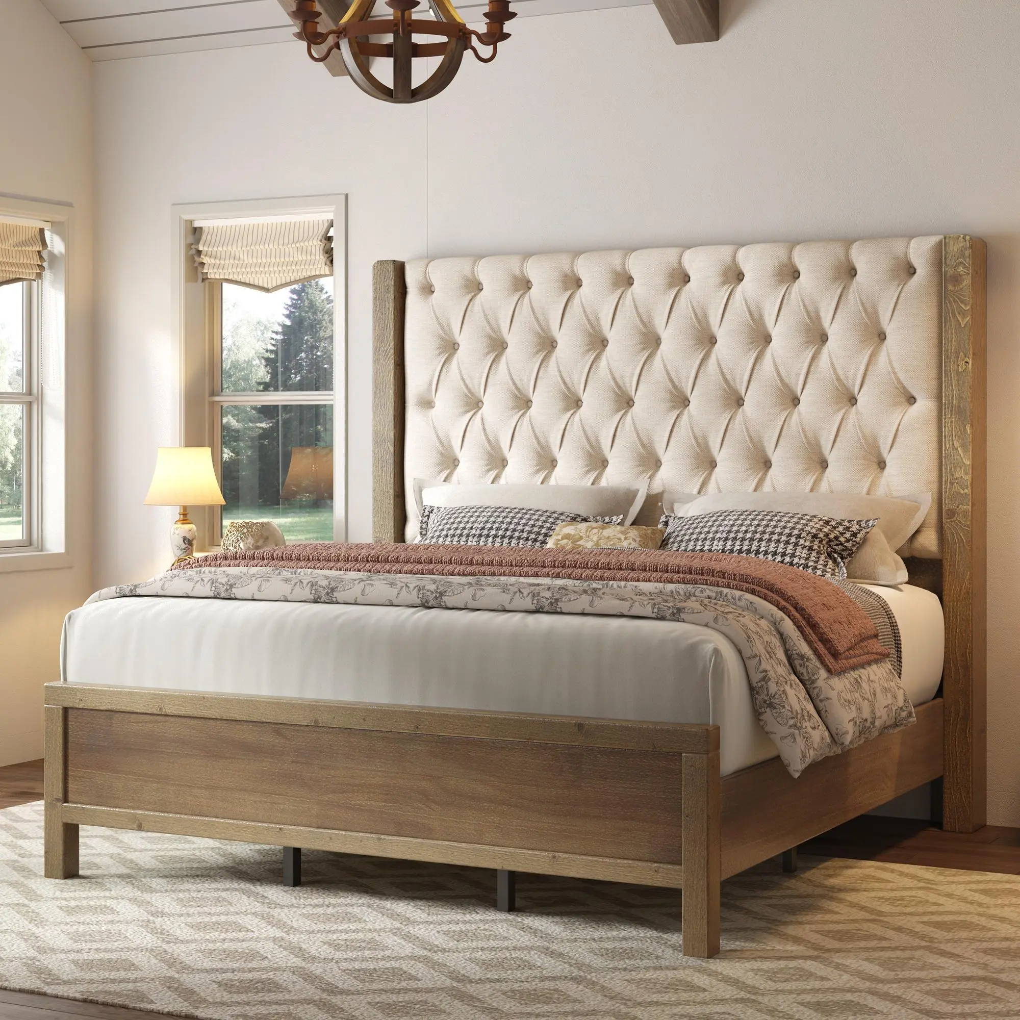 VanAcc Solid Wood Bed Frame, 57" Tall Farmhouse Platform Beds, Upholstered Line Wingback Headboard, Deep Button Tufted, No Box Spring Needed, Easy Assembly