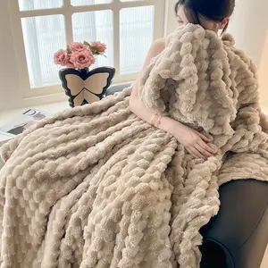 1 piece plaid double-sided imitation rabbit fur blanket, soft striped comfortable fluff blanket, sofa blanket, bed blanket, suitable for nap, office, outdoor and sofa, machine wash, four seasons use