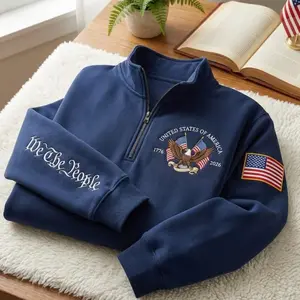 Embroidered USA Anniversary Quarter Zip Sweatshirt, We The People Crewneck, USA Flag Patch Shirt, Patriotic Gift