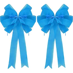 2 Pack Blue Christmas Tree Bows 12x20inch Large Burlap Wreath Bow with Glitter String for Christmas Tree Topper,Home Front Door Decor,Easter Bow,Valentines and Party Decor