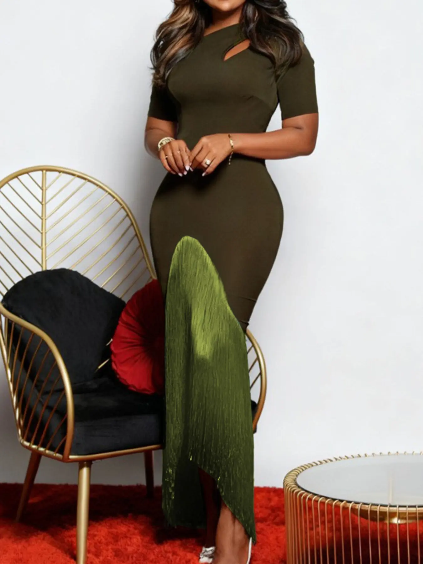 AOMEI DRESS Elegant Women's Fringe Dress with Cutout Details, High Waist Long Dress for Party Cocktail Evening Wear