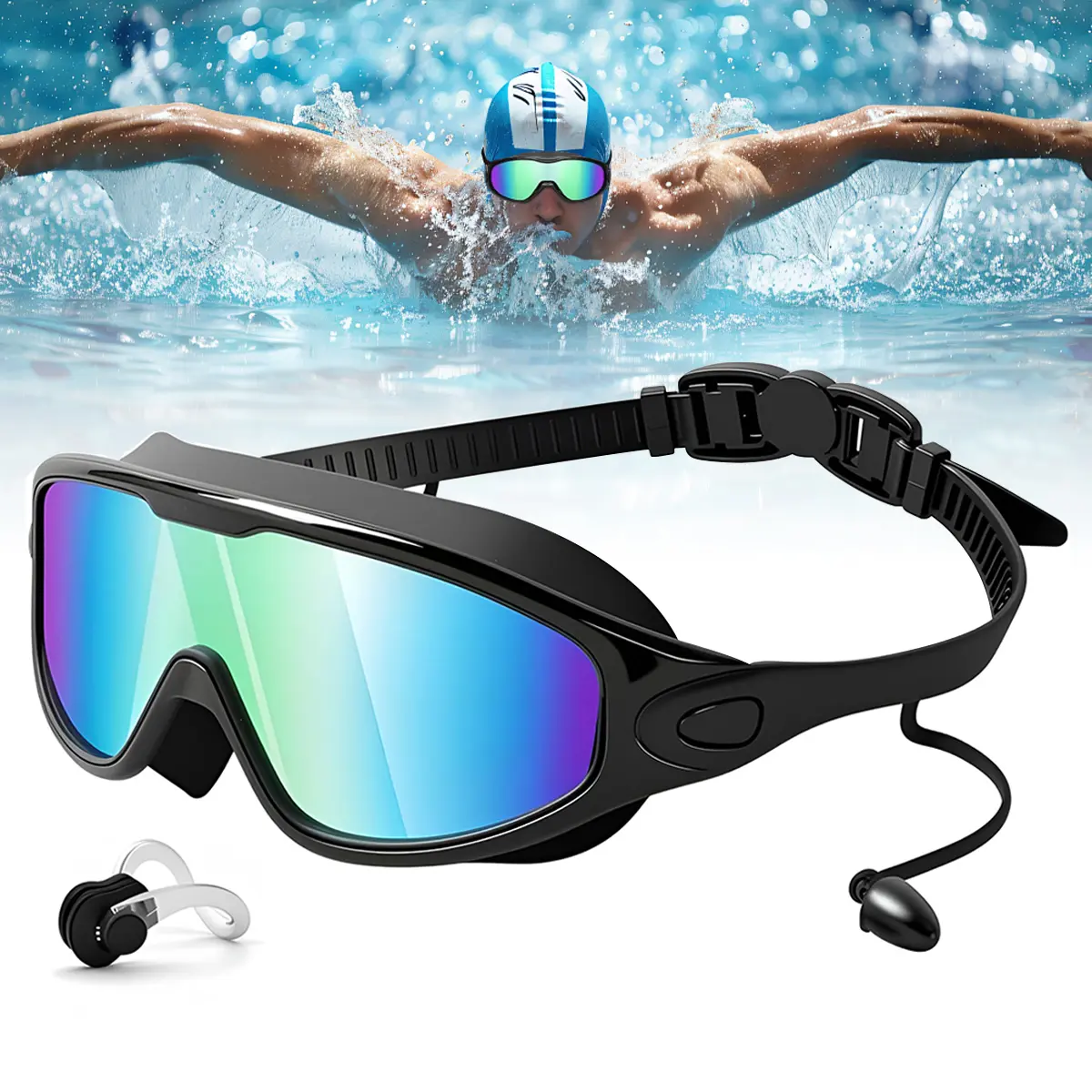Swim Goggles with Ear Plugs Summer Sports Swimming Goggles Wide View Anti UV & Fog & No Leaking Swimming Goggles Ideal Gift for Men Women Children #SummerVibes