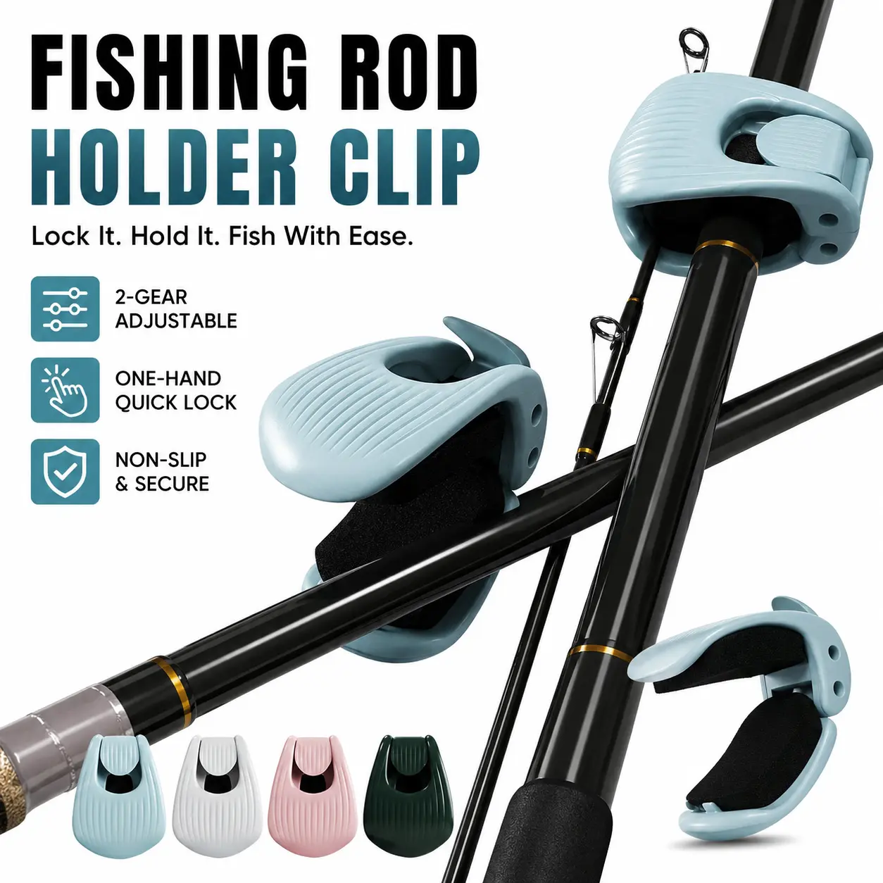 4PCS Fishing Rod Holder Clips, Portable Lure Tie Clips with 2-Level Lock, 1-Hand Quick Clamp, Anti-Slip EVA Pad Home Organizer Hanger Accessory for Storage, Outdoor Fishing