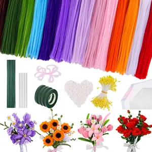 900 PCS 14 Colors Pipe Cleaners Bulk Flower Making Kit Chenille Stems DIY Craft Kit with Greeting Card Floral Wires Tape Stamen Wrapping Paper Ribbon for Art DIY Flowers