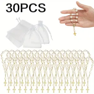 30 Pieces Mini Rosaries Baptism Rosary Beads Acrylic Ivory Color Finger Baptism Rosaries Faux Pearls with Organza Bags for Christening Weddings Party Favors