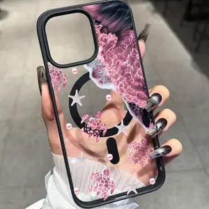 Pink Ocean Wave Turtle Starfish Magnetic MagSafe Phone Case, Cute Coastal Beach Pearl Element Transparent Shockproof Protective Cover for iPhone 17/16/15/14/13/12/11/XS/XR/X/8/7/6S Mini/Plus/Pro/Pro Max/SE & Samsung Galaxy S25/S24/S23/S22 Ultra