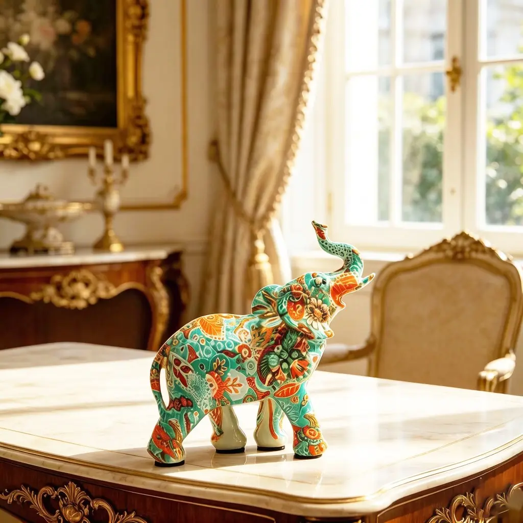 Print Elephant Figurine, Resin Painted Wealth Attracting Elephant, Resin Animal Sculptures, Luxury Home Desktop Decor, Elegant Houseware Gift, Desktop Art Ornament, Resin Figurine Statue