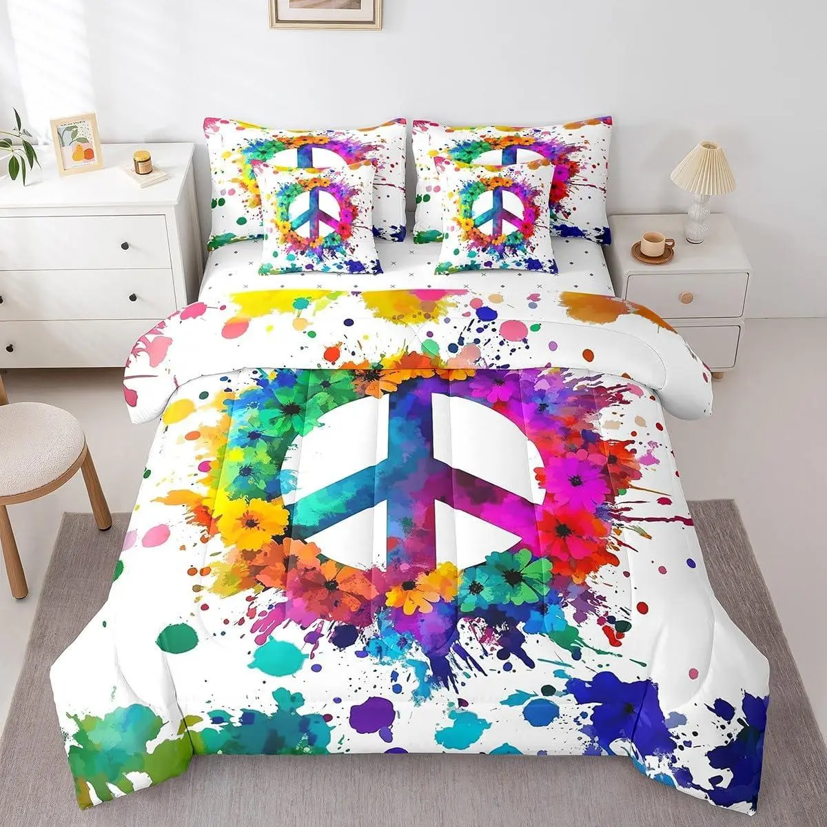 Tie Dye Peace Bed In A Bag Colorful Peace Sign Comforter Set,Soft Microfiber,Boho Hippie Flowers 7 Pieces Bedding Set,Bohemian Floral Hippy Decor Sheet Set for Kids Boys Girls Teens Bedroom