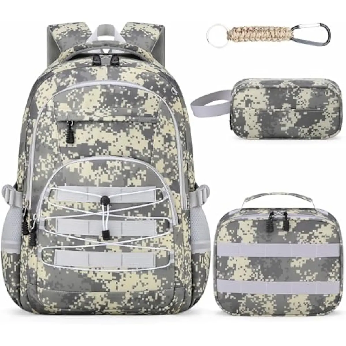 Boys' 4-Piece Camo Print Luggage Set - 18in Large Capacity Nylon Fabric Backpack, Lunch Bag, Keychain, Adjustable Strap, USB Charging Port, Cool Mesh Back, Chest Buckle, Adventure-Ready for Elementary School Travel & Daily Use, Molle Pouch Ready