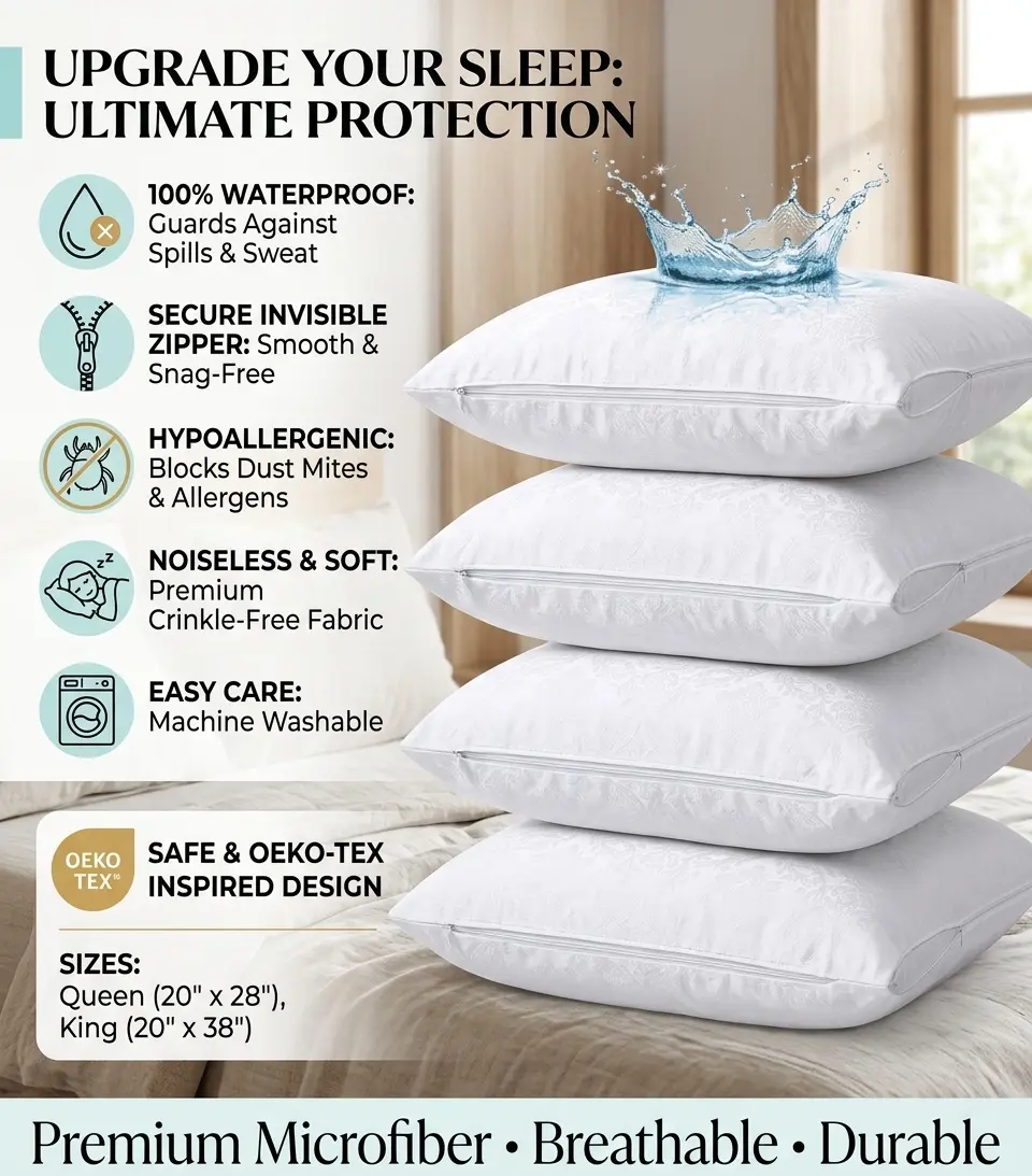 Microfibre Queen Pillow Protector - Embossed, Waterproof, Anti-Allergic, Breathable, Zipper Closure, Sleep Protection, Machine Washable