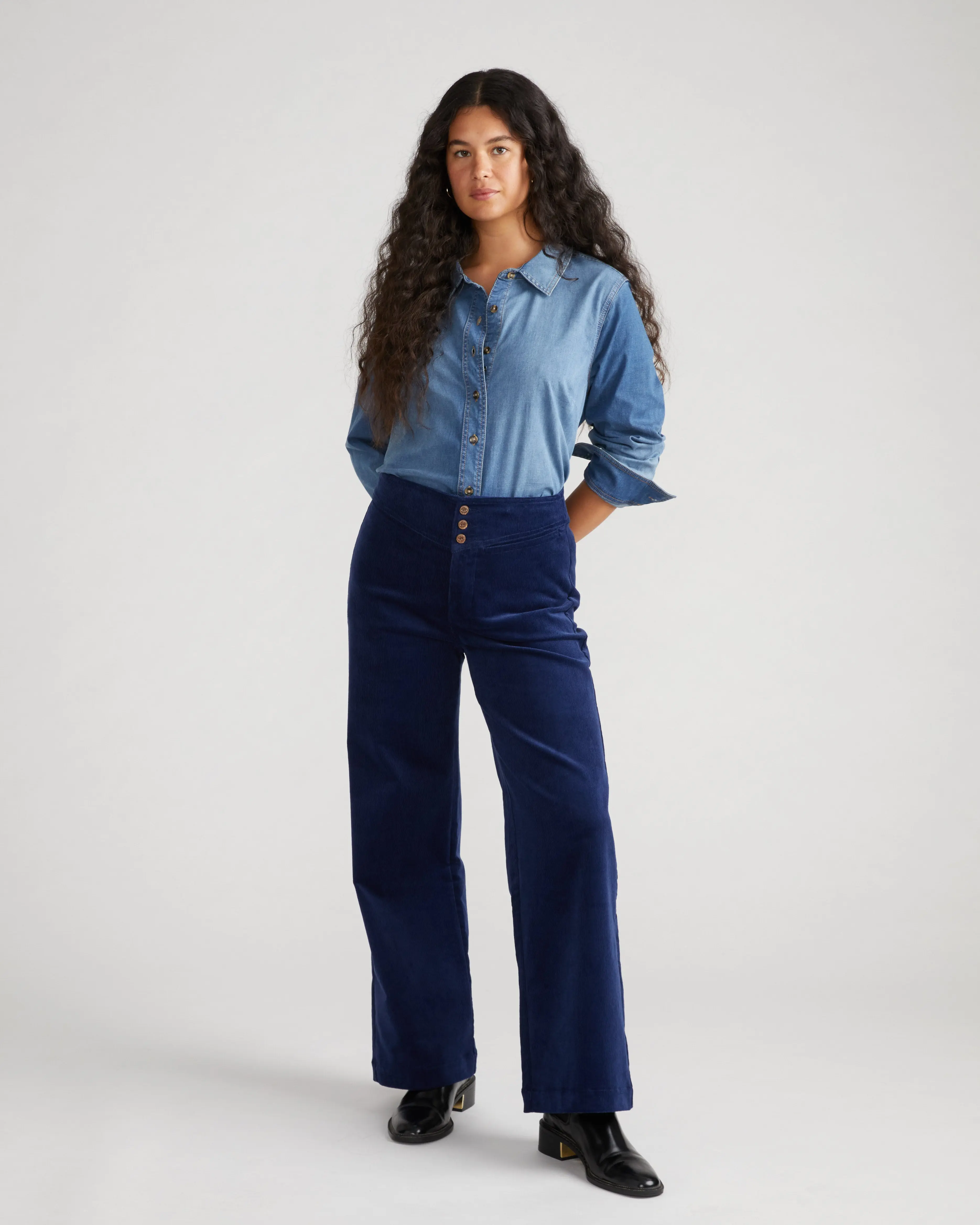 Women's Retro High Rise Sailor Pants in Inky Blue, Stretch Cotton Corduroy with a Wide Leg Fit and Shaping Darts, Casual High Rise, Cotton Fabric, Elastane