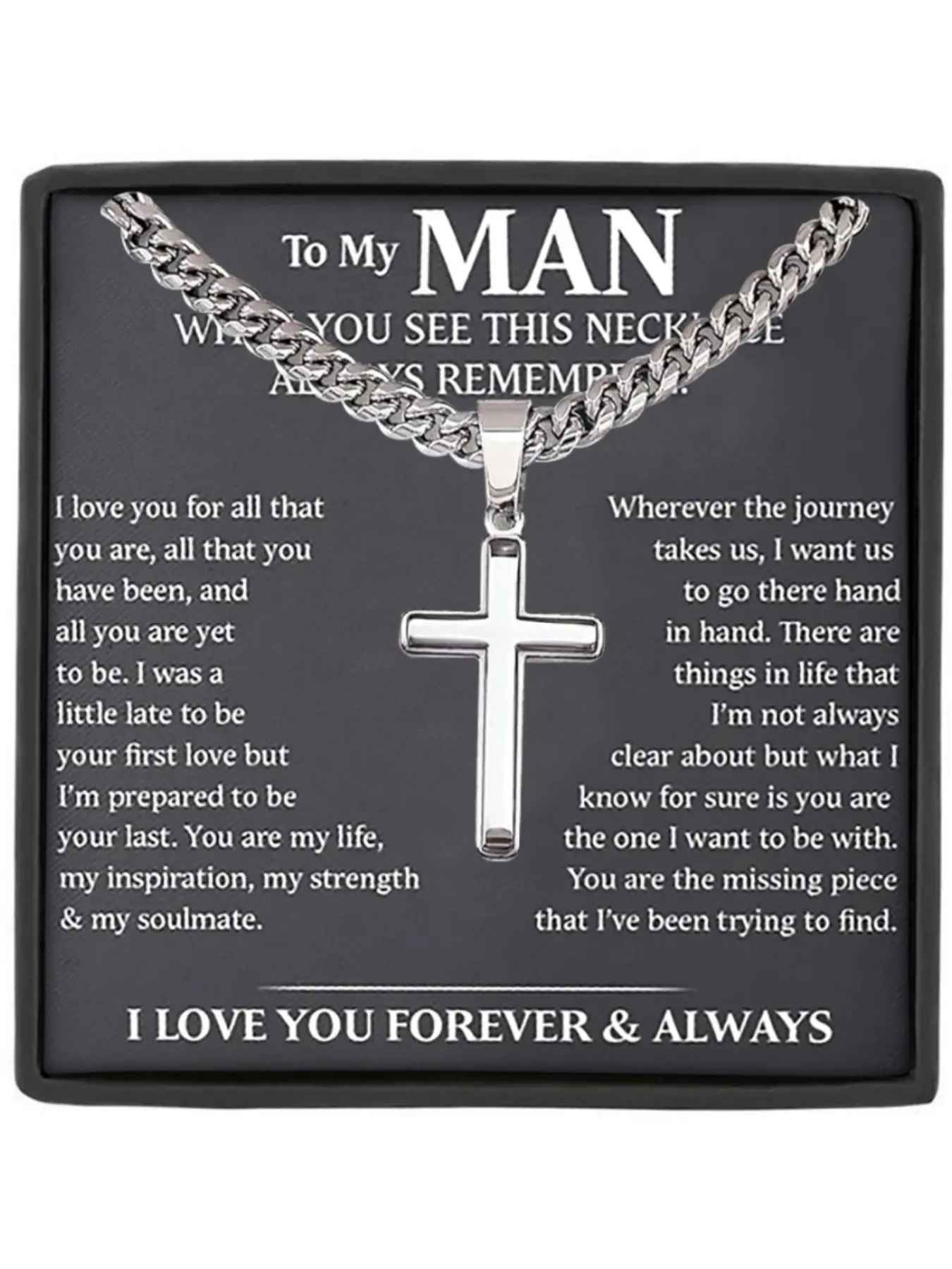To My Man Cuban Link Design Chain Cross Pendant Necklace with Gift Box and Card, Romantic Birthday Christmas Gift for Husband Boyfriend, Stainless Steel Jewelry Necklaces