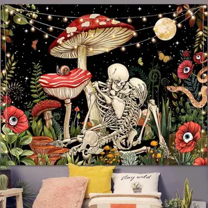 Tapestry  Mushroom Skull Tapestry Skeleton Floral Plant Flower Aesthetic Bedroom Tapestries Nature Moon Wall Tapestry for Dorm Living Room 40x60in room bedroom Halloween Skull Mushroom Tapestry Design Decoration Items Multicolor