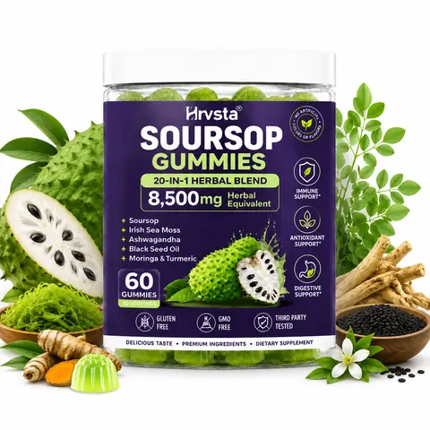Hrvsta Soursop Blended Vitamins and Minerals Supplements, 8500mg 20-in-1 Herbal Botanical Mix with Irish Sea Moss, Moringa, Turmeric, Ashwagandha, Black Seed Oil, 60 Pieces Vegan Wellness Gummies