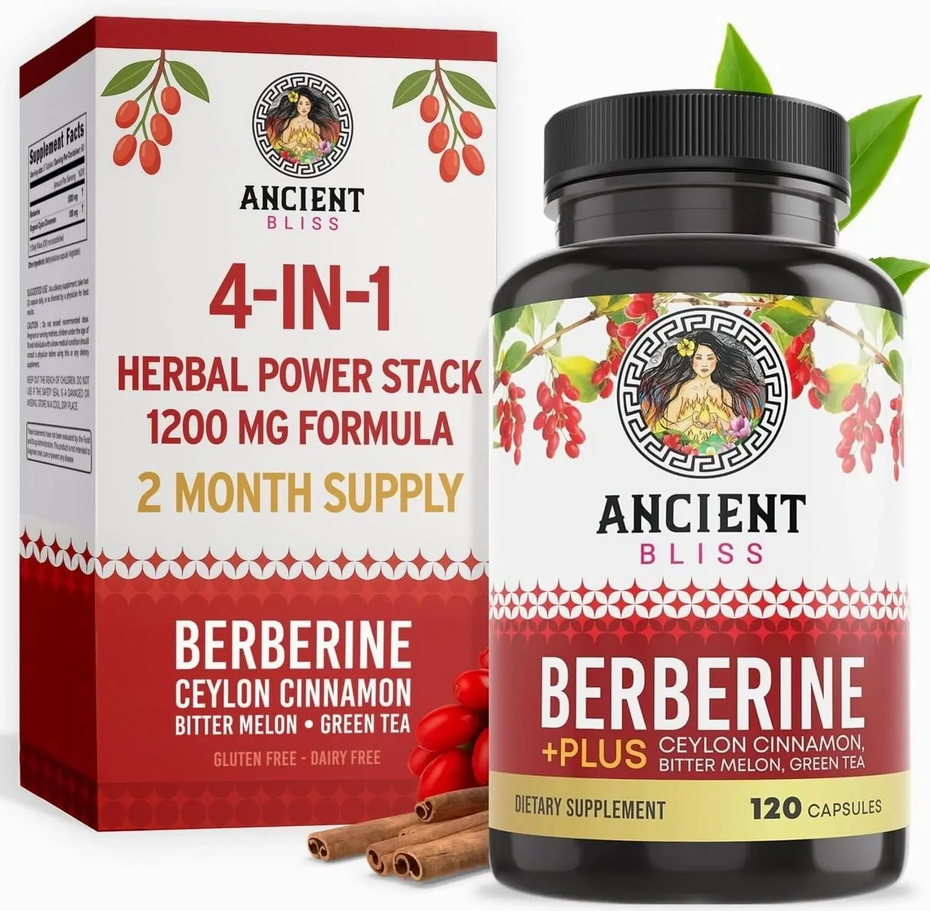 Ancient Bliss Berberine HCL 1200mg with Ceylon Cinnamon, Bitter Melon, and Green Tea Extract - 120 Capsules