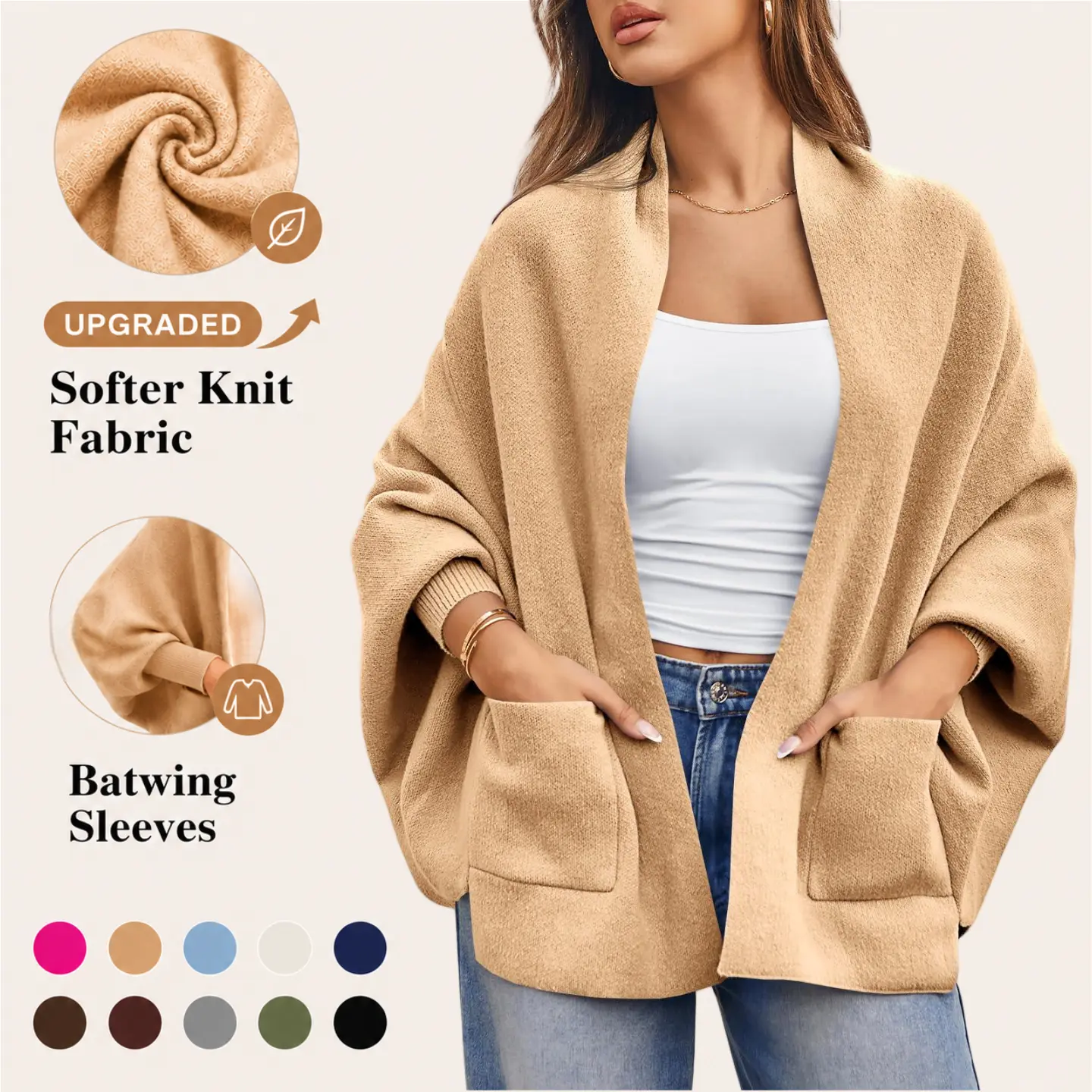 【New】Womens Open Front Cardigan Batwing Long Sleeve Shawl Chunky Knit Loose Fall Poncho Sweater Coats