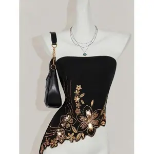 Women’s high-end asymmetrical embroidered camisole with a sequin design—a simple yet fashionable wrap top, perfect for everyday wear and vacations.