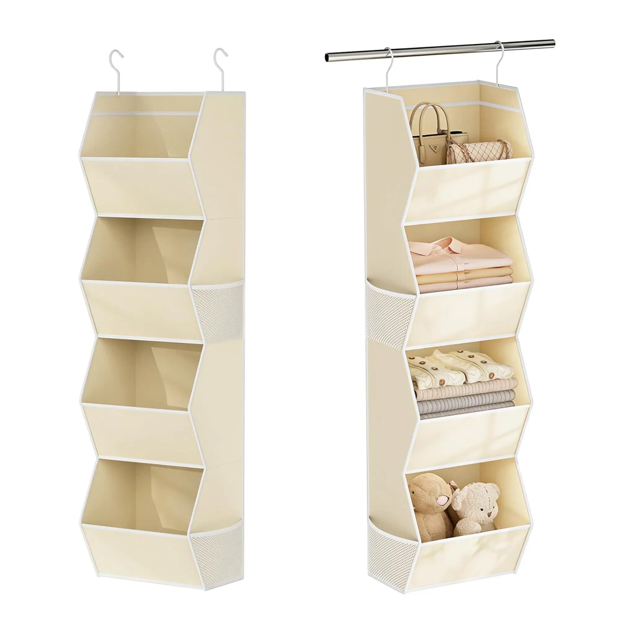4-Tier Hanging Closet Organizer with Foldable Storage Bins, Space-Saving Wardrobe Shelves with Hook Rack, Multi-Use Storage System for Bedroom, Dorm, RV & Home