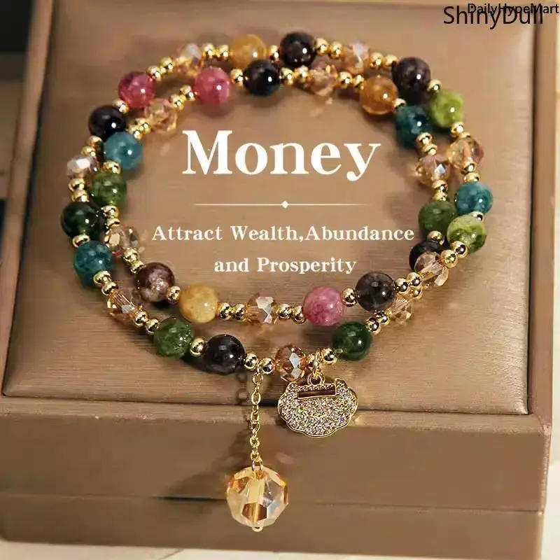 Women's High-End Rainbow Tourmaline Crystal Beaded Bracelet - Bohemian Double Layer Design with Longevity Lock, Exquisite Trendy Boho Stone Jewelry Bracelet, Fashionable Fashion Accessory, Jewelry Bracelets