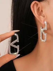 Women's 925 Silver Earrings with Rhinestones Letter Design, Elegant Jewelry for Women, Perfect Gift Idea for Her, Statement Earrings