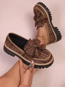 Women's Plaid Bow Thick Sole Loafers, Preppy Style, Textile Upper, Rubber Sole, All Seasons, Spring Commute, Versatile Small Leather Shoes