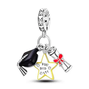 MULA 925 Silver-plated Graduation Pendant | Cap, Star and Diploma Charm | Enamel and Sparkling Zirconia | Academic Achievement Jewelry | Fits Pandora Bracelets and Necklaces | Perfect Graduation Gift