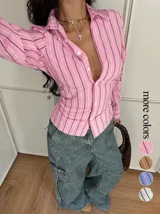 Women's All Over Striped Print Button Front Shirt, Casual Elegance Style, Casual Long Sleeve Top for Spring & Fall, Ladies Clothes for Daily Wear