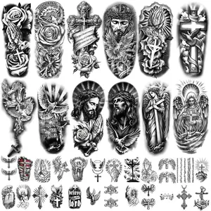 Christian Cross Temporary Fake Tattoo Stickers Bundle, 77 Sheets with Large-Small Religious Designs, Realistic Beginner-Friendly Fake Tattoo Sleeve Half Arm Body Art for Adults - Jesus, God, Angels