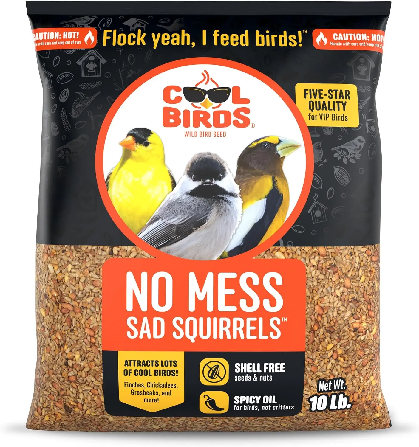 Sad Squirrels No-Mess Hot Seed Blend, 10 lb - Spicy Shell-Free Mix of Peanuts, Sunflower Hearts, Chili Pepper Oil - Birds Can't Detect Heat, Critters Can