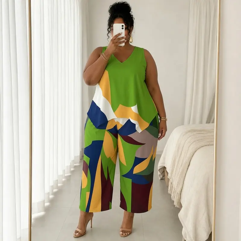 Women's Plus Size 2-Piece Loungewear Crop Set - Chic Color Block V-Neck Tunic Top & Polyester Wide Leg Crop Pants for Summer Travel, Casual Wear, Women's 2 Piece Set