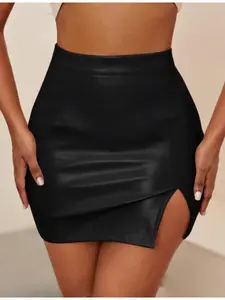 Classic Best-Selling PU Leather Sexy Slit Tight Fit Women's Mid-Length Dress, Stylish, Casual and Comfortable, Perfect for Parties and Events, Skirt