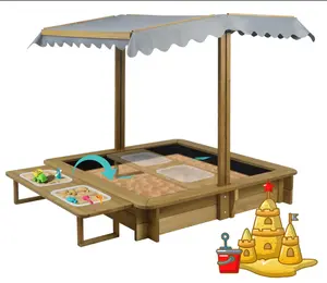 Sandbox with Cover, Sand Box with 4 Reinforced Benches, UV-Resistant & Adjustable Height Roof, Bottom Liner, Wooden Sand Boxes with Lid for Kids Outdoor, Gift for Ages 2-8, 45x45 Inches