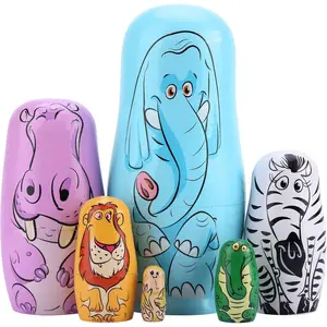 6 Pcs Russian Nesting Dolls Handmade Wooden Matryoshka Doll Animal Nesting Doll Set for Christmas Birthday Gift Party Home Decorations (Blue Elephant)